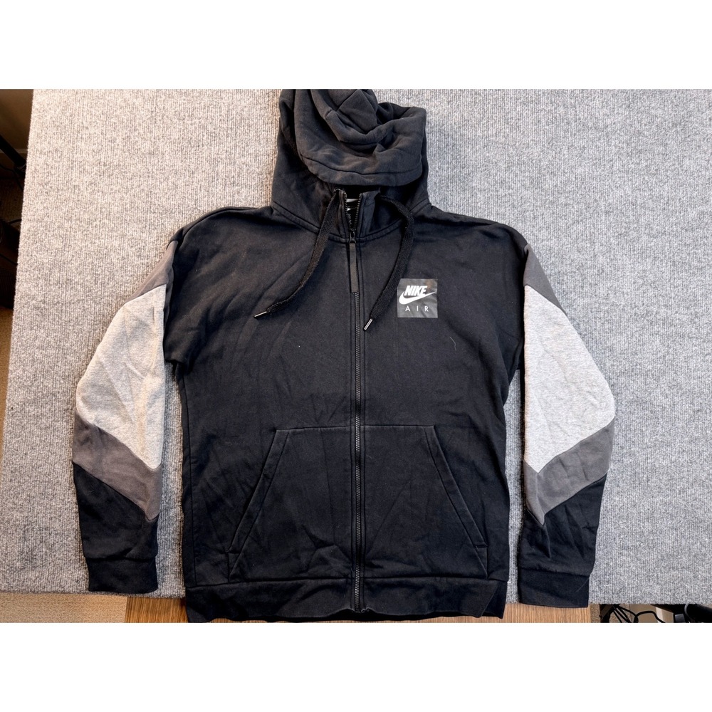 Nike Air Hoodie Mens Medium Black Grey Full Zip Fleece Sweatshirt Graphic Logo